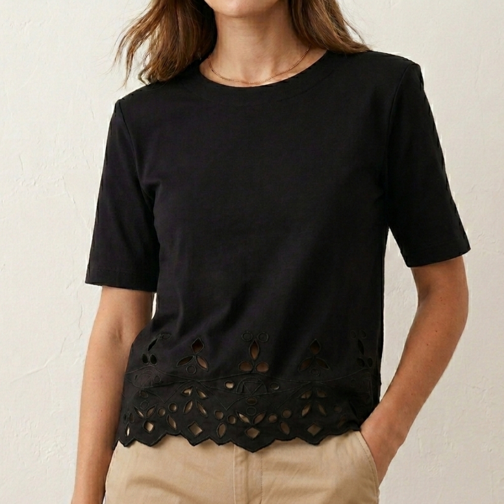 NWT Sz S 100% Cotton Jacques & Daniel by Montparnasse Black Tee Embroidered Hem